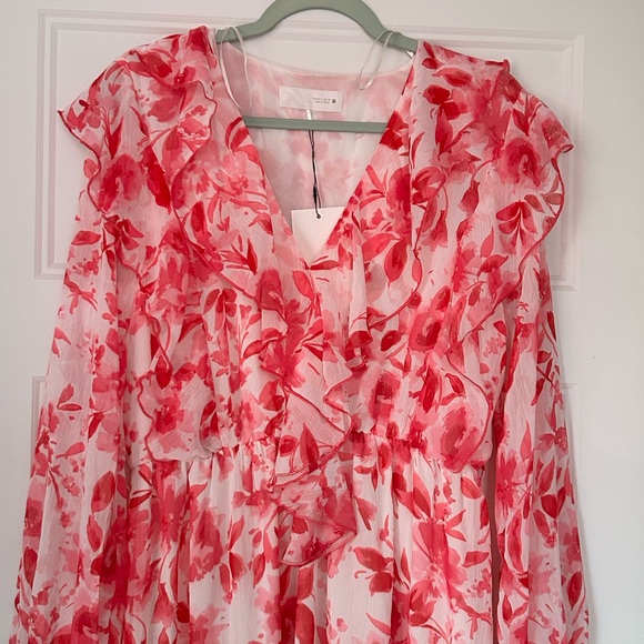 Pink Floral V-Neck Long Sleeve Midi Dress | Zara - Picture 3 of 7